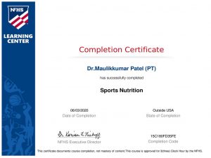 Sports Nutrition Certificate Healthy Life Multispeciality Physiotherapy Clinic Vaishnodevi Circle Ahmedabad Gujarat India Dr Maulik Patel